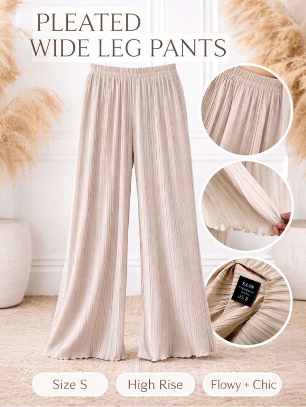 SHEIN Taupe Pleated Wide Leg Pants Size Small High Rise Flowy Lounge Chic